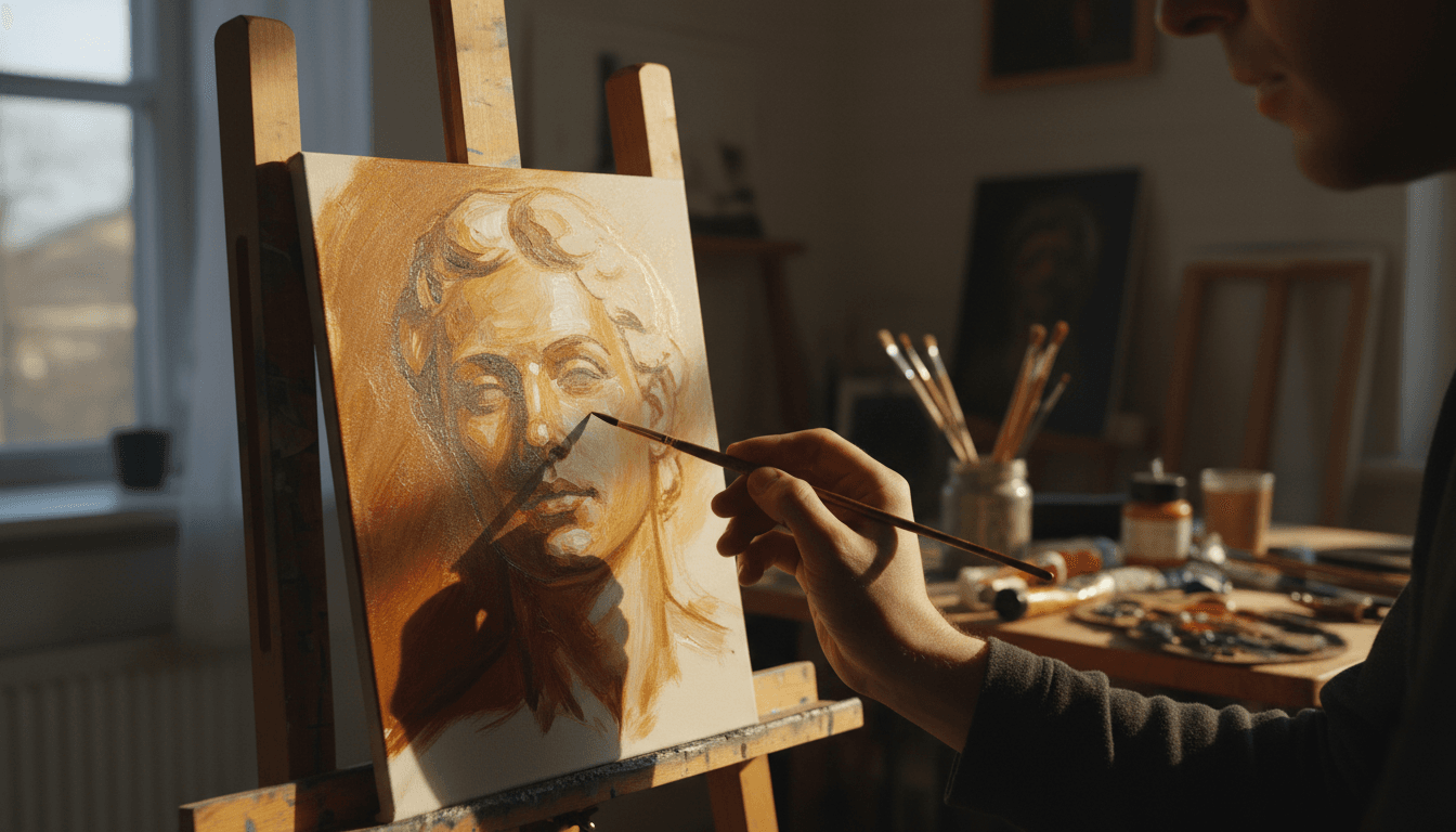 Künstlerhand mit feinem Pinsel beim Malen eines klassischen Ölporträts auf Leinwand im Istanbul Studio