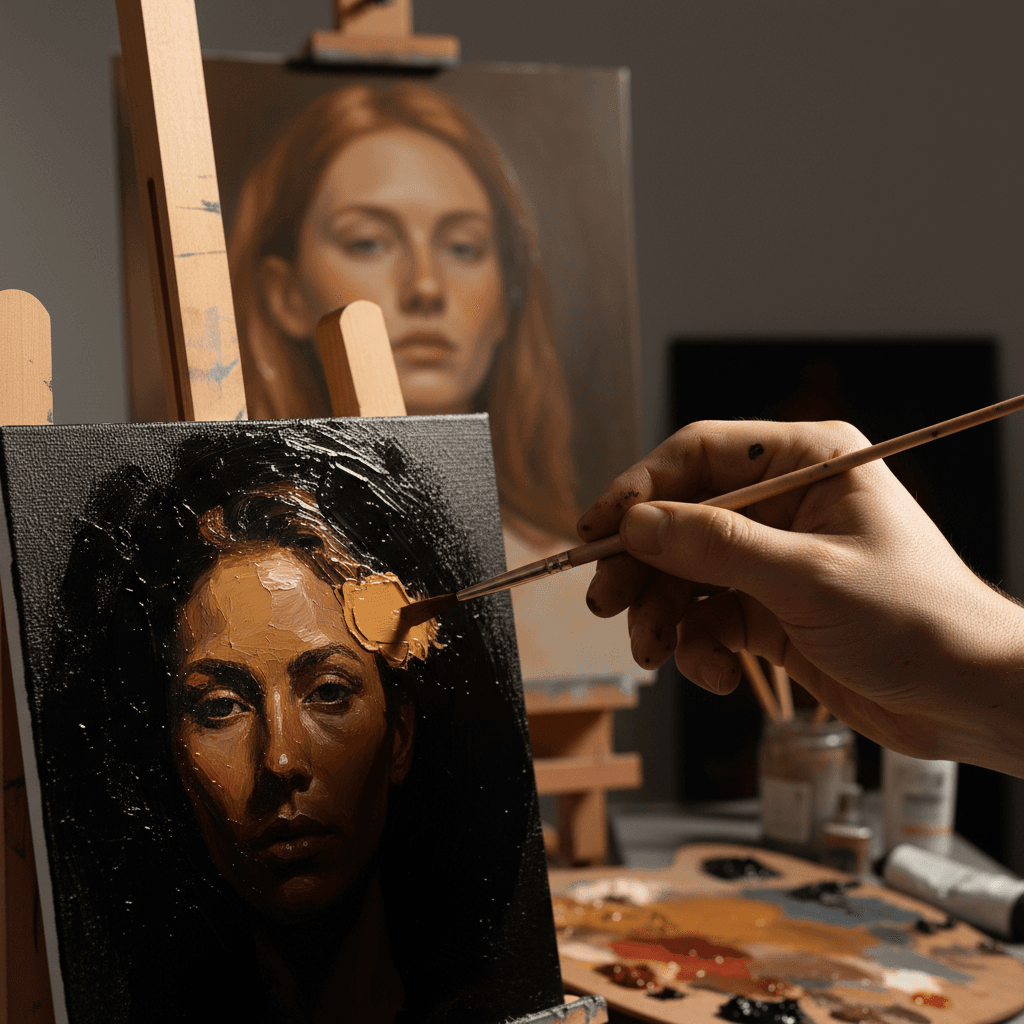 Künstlerhand malt Ölfarbe auf Leinwand im Studio