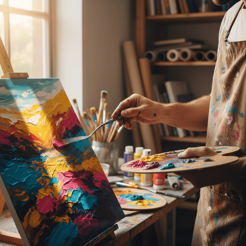 Künstlerhand malt feinfühlig ein Porträt in Öl auf Leinwand