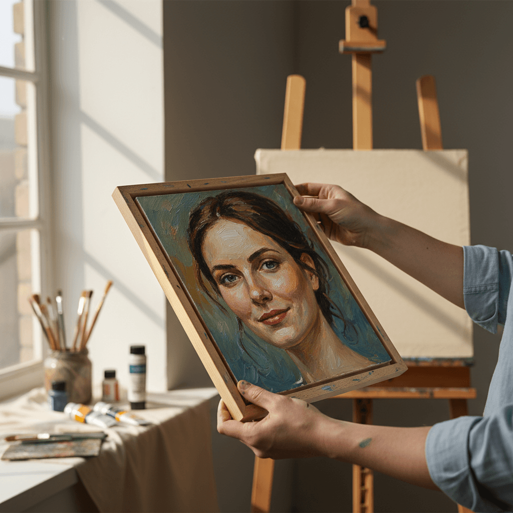 Künstlerhand beim Malen eines Porträts mit Ölfarben