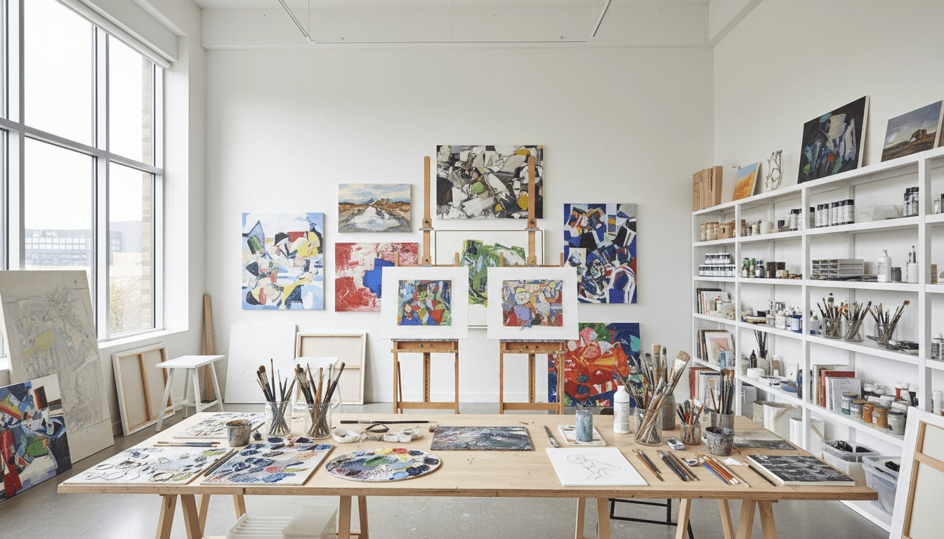 Das Künstleratelier mit mehreren Porträts in Arbeit